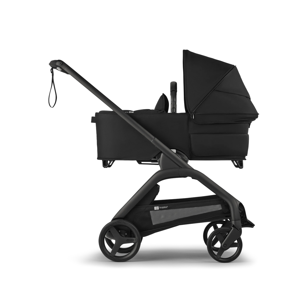 Bugaboo Dragonfly liggdel komplett i nattsvart monterad på barnvagnen