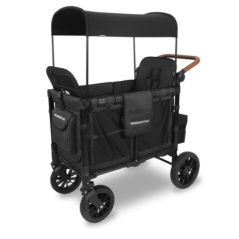 WonderFold W2 Luxe Stroller Wagon. En 2-sitsig multifunktionell barnvagn i svart med soltak.