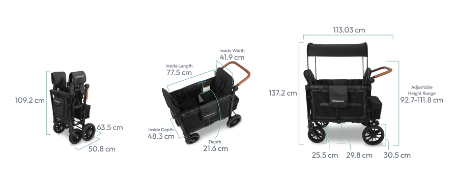 Dimensioner på WonderFold W2 Luxe Stroller Wagon. En 2-sitsig barnvagn med kompakt hopfällning.