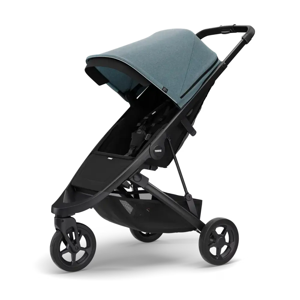 Barnvagnen Thule Spring med blågrönmelerad sufflett och svart chassi